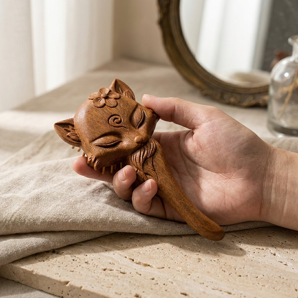 Mộc Foxy – Bàn Chải Tóc Gỗ Đàn Hương Massage (Golden Green Sandalwood) – Little Fox Edition