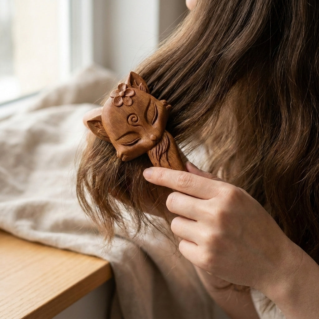Mộc Foxy – Bàn Chải Tóc Gỗ Đàn Hương Massage (Golden Green Sandalwood) – Little Fox Edition