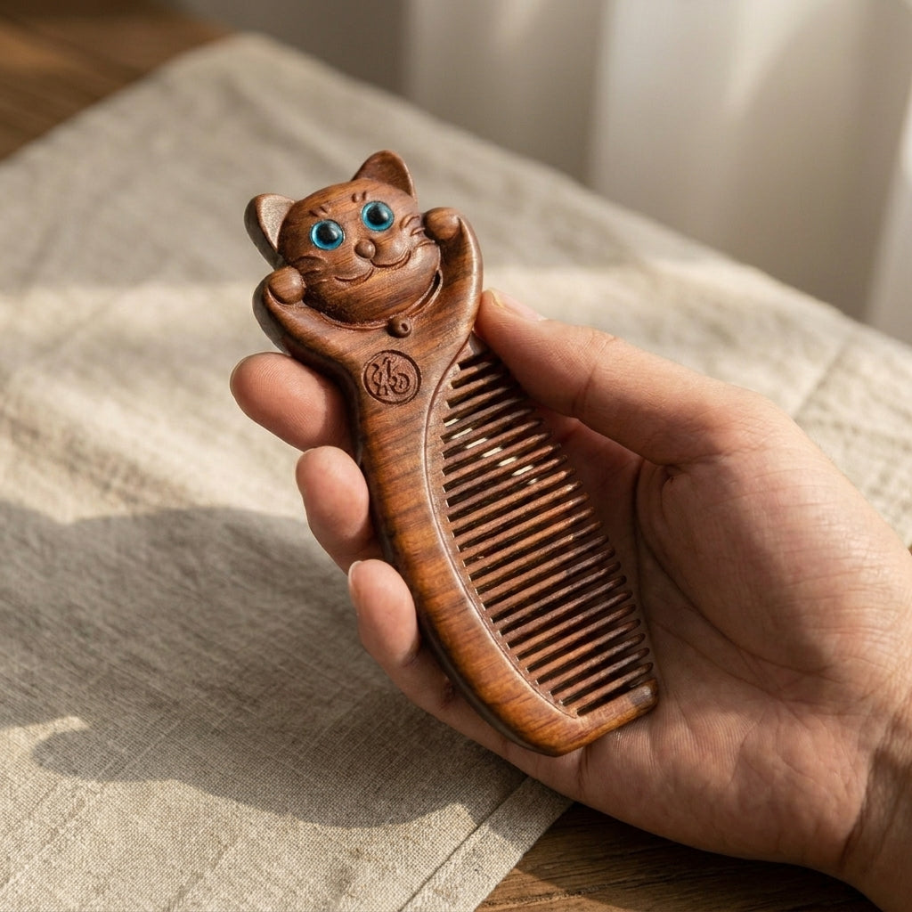Mộc Lucky Cat – Lược Gỗ Tử Đàn Khắc Mèo May Mắn (Purple Sandalwood Lucky Cat Comb)