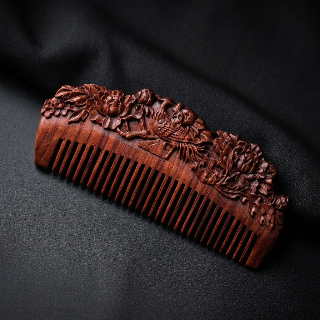 Mộc Phoenix – Lược Gỗ Tử Đàn Khắc Phượng Mẫu Đơn | Purple Sandalwood Phoenix Comb