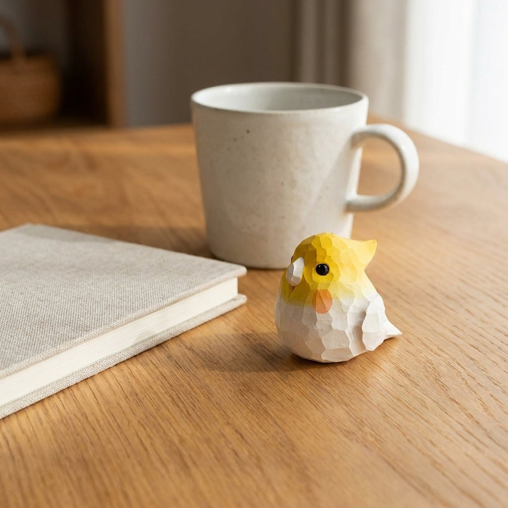 Tea bag shaped like a bird on a wooden table with a mug and notebook in the background