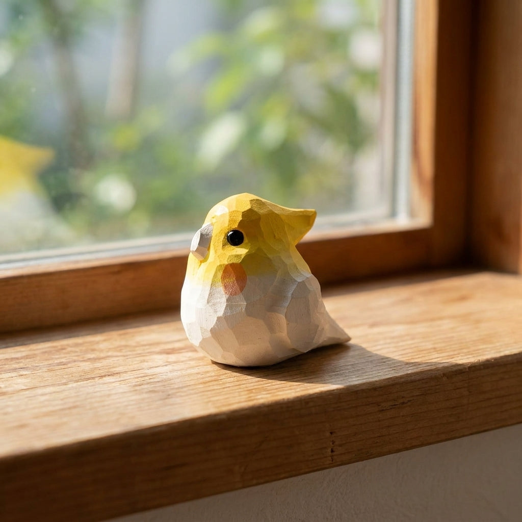 Decorative bird figurine on a windowsill with natural light