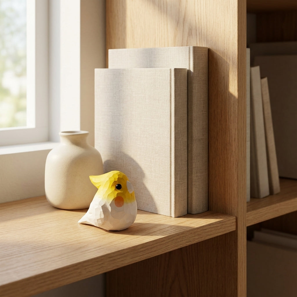 Decorative items including a vase, books, and a small figurine on a wooden shelf.