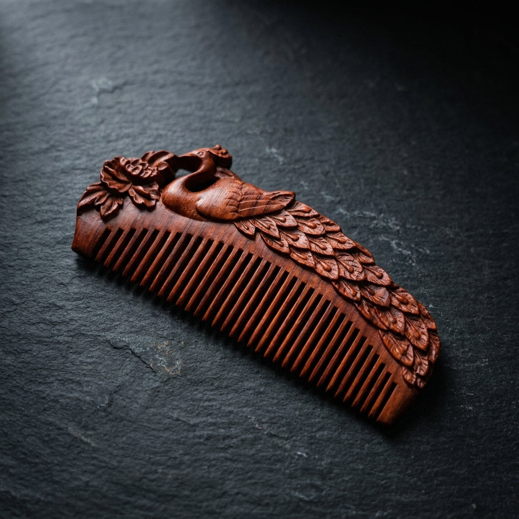 Mộc Peacock - Lược Gỗ Tử Đàn Khắc Công – Purple Sandalwood Peacock Comb