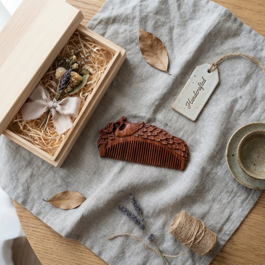 Mộc Peacock - Lược Gỗ Tử Đàn Khắc Công – Purple Sandalwood Peacock Comb