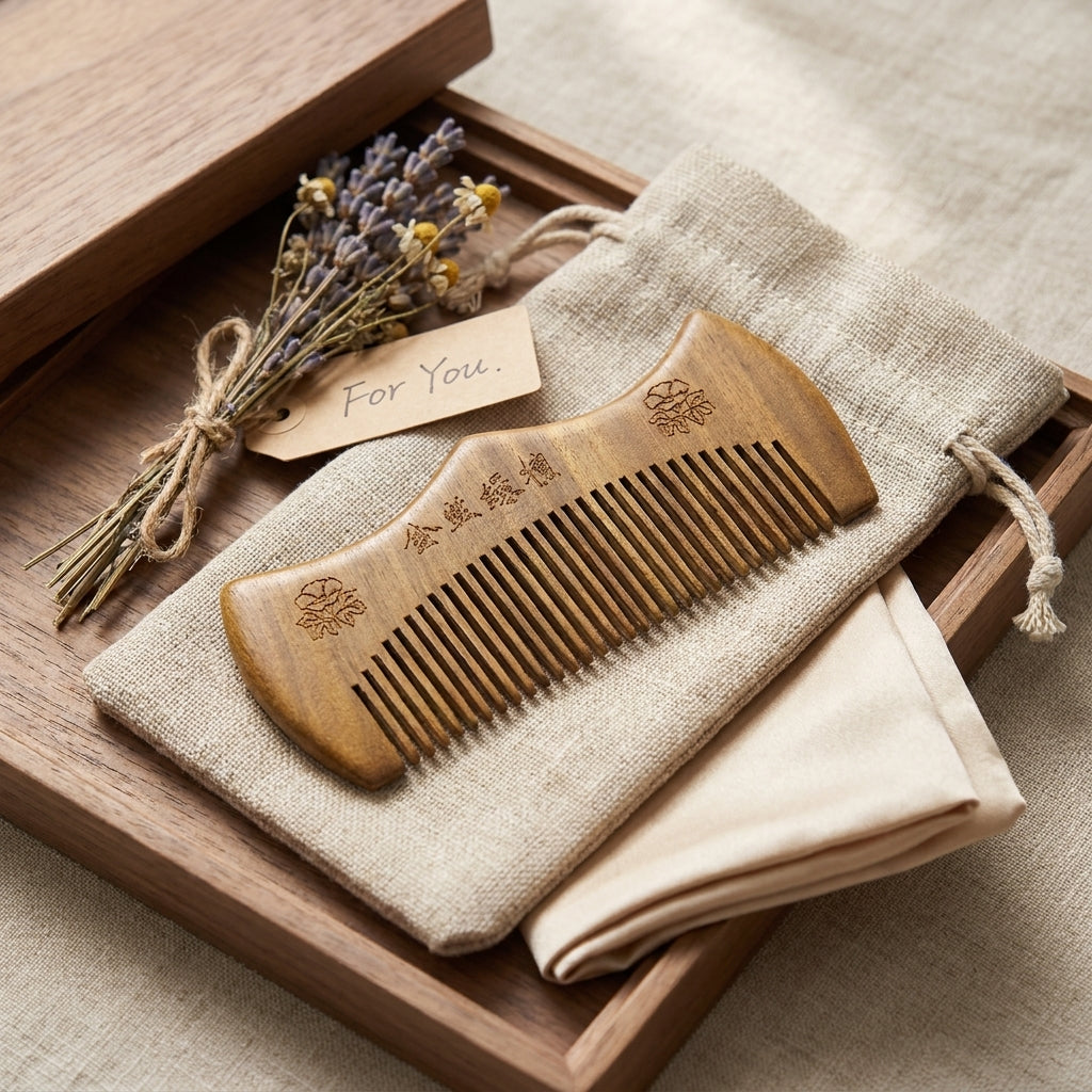 Mộc Bloom – Lược Gỗ Đàn Hương Hoa Khắc Tối Giản | Golden Sandalwood Bloom Comb