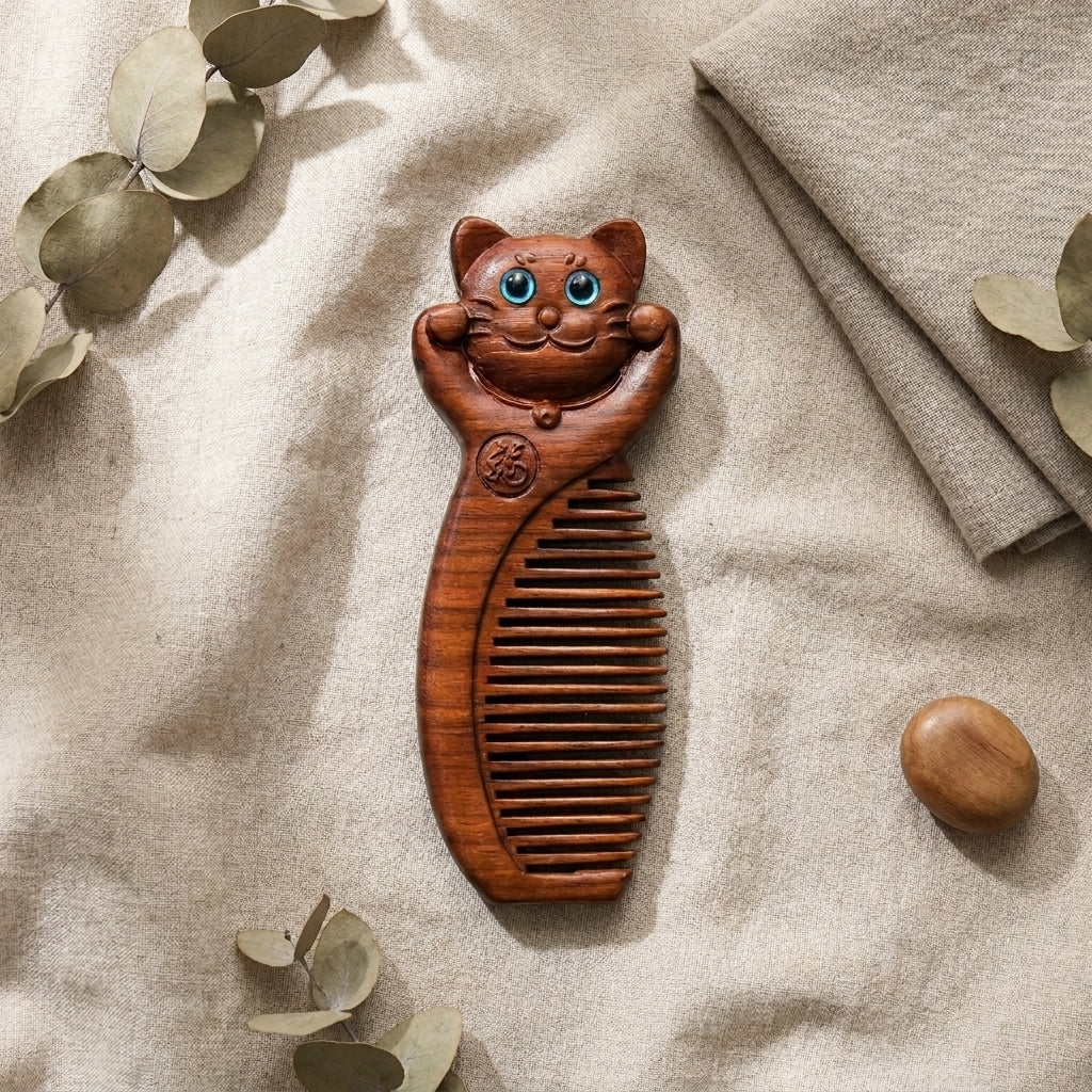 Mộc Lucky Cat – Lược Gỗ Tử Đàn Khắc Mèo May Mắn (Purple Sandalwood Lucky Cat Comb)