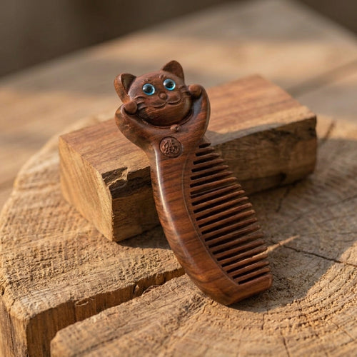 Mộc Lucky Cat – Lược Gỗ Tử Đàn Khắc Mèo May Mắn (Purple Sandalwood Lucky Cat Comb)