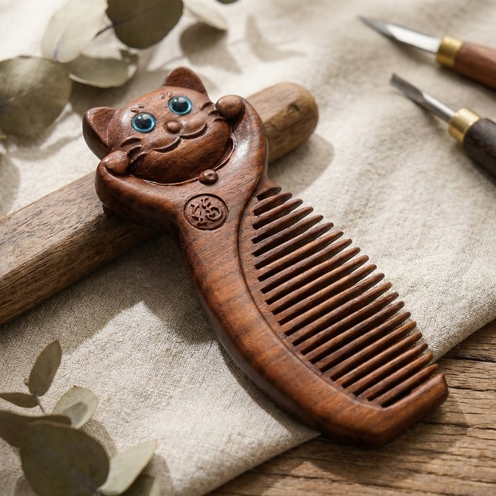 Mộc Lucky Cat – Lược Gỗ Tử Đàn Khắc Mèo May Mắn (Purple Sandalwood Lucky Cat Comb)