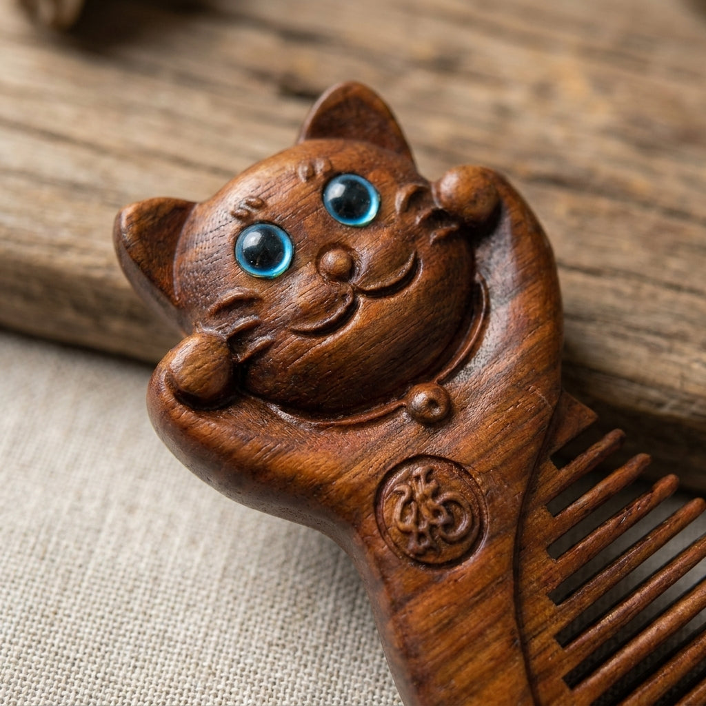 Mộc Lucky Cat – Lược Gỗ Tử Đàn Khắc Mèo May Mắn (Purple Sandalwood Lucky Cat Comb)