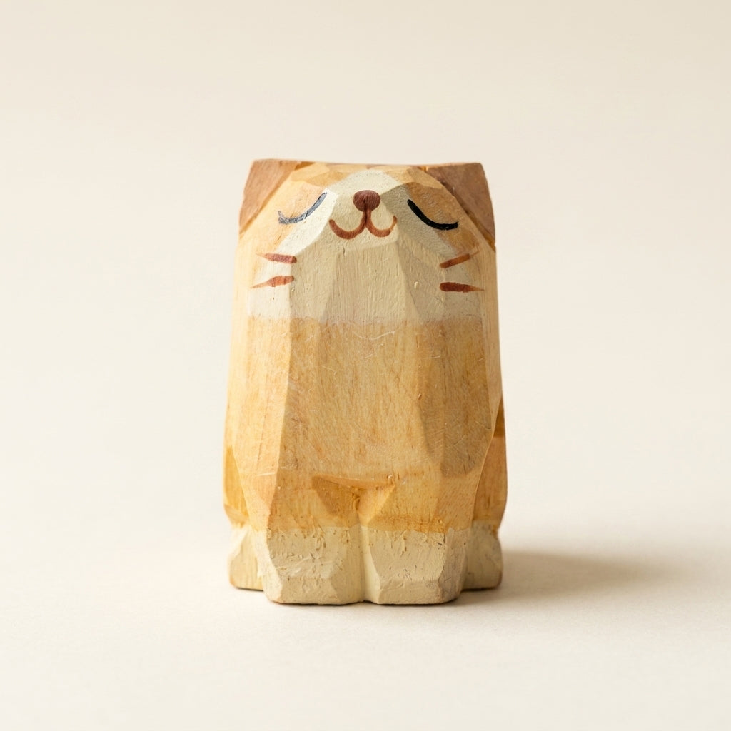 Wooden cat figurine on a beige background