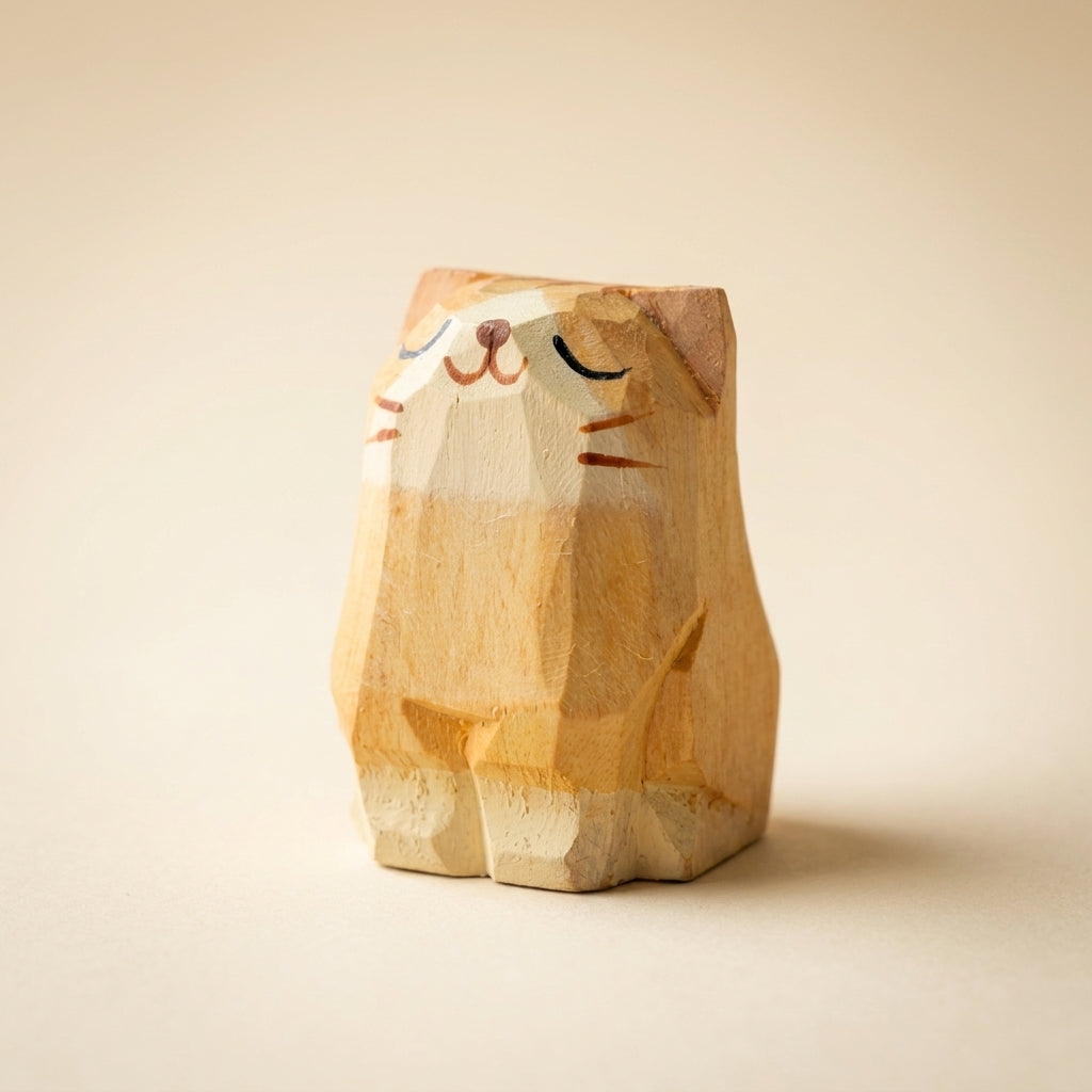 Wooden sculpture of a cat on a beige background