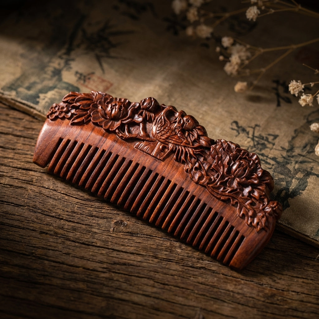 Mộc Phoenix – Lược Gỗ Tử Đàn Khắc Phượng Mẫu Đơn | Purple Sandalwood Phoenix Comb