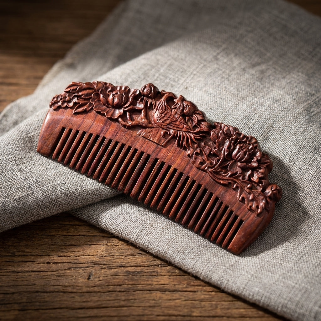 Mộc Phoenix – Lược Gỗ Tử Đàn Khắc Phượng Mẫu Đơn | Purple Sandalwood Phoenix Comb