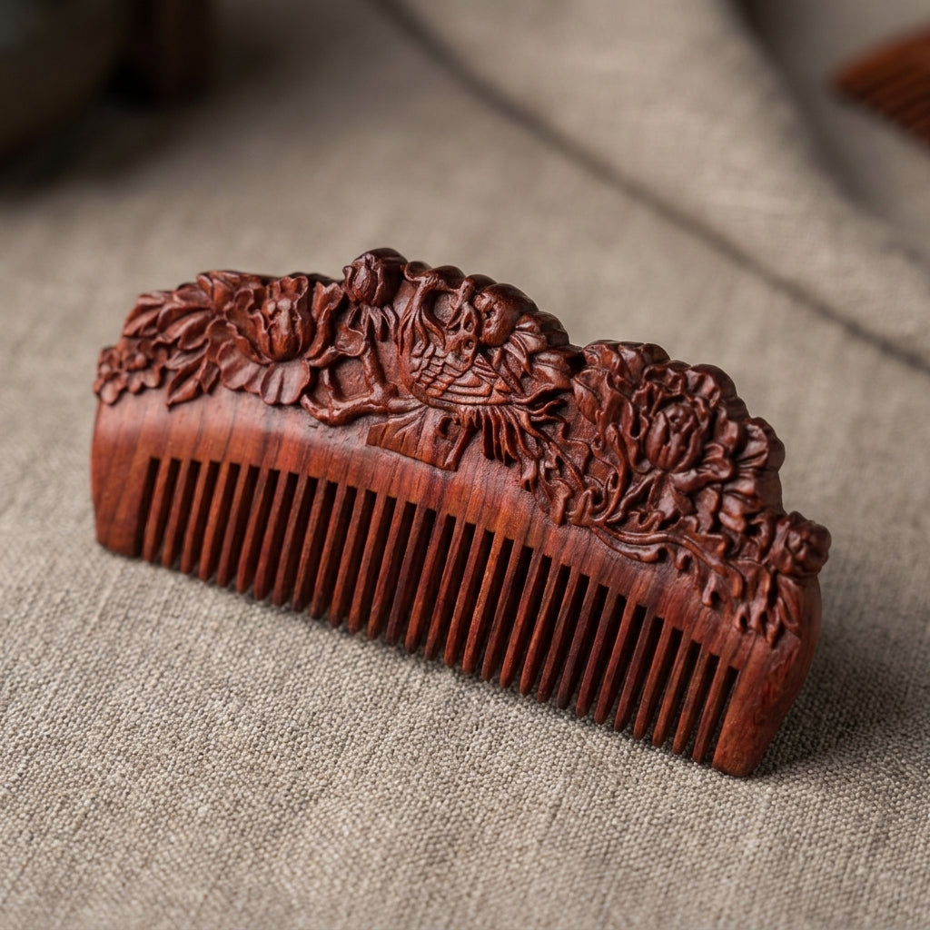 Mộc Phoenix – Lược Gỗ Tử Đàn Khắc Phượng Mẫu Đơn | Purple Sandalwood Phoenix Comb