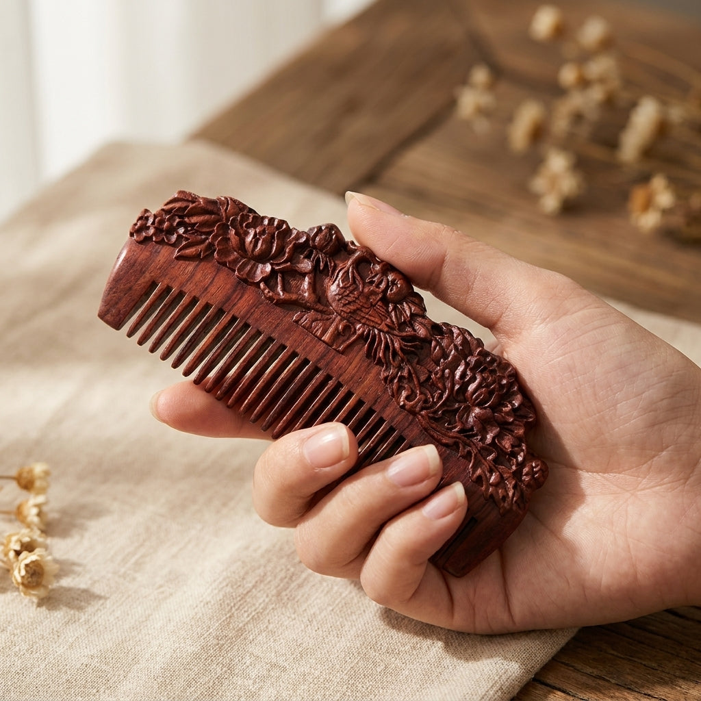Mộc Phoenix – Lược Gỗ Tử Đàn Khắc Phượng Mẫu Đơn | Purple Sandalwood Phoenix Comb