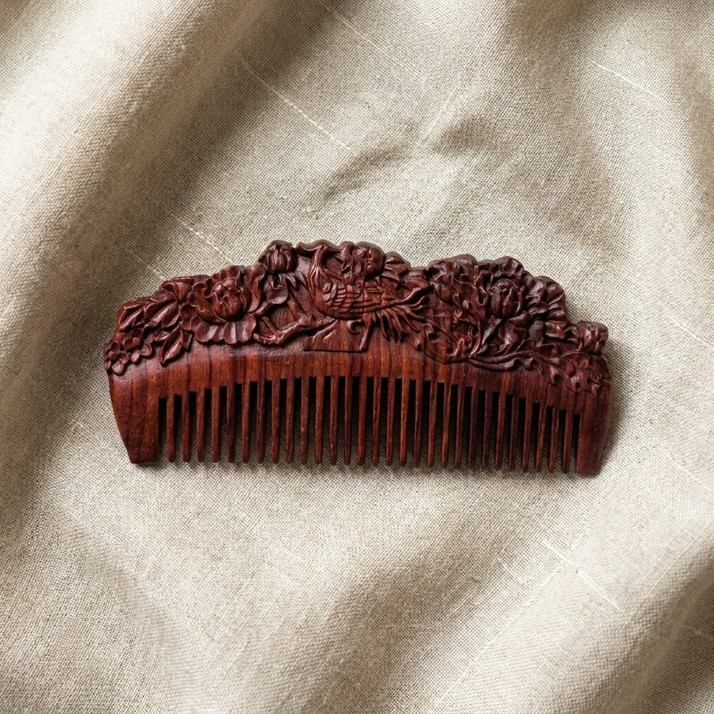 Mộc Phoenix – Lược Gỗ Tử Đàn Khắc Phượng Mẫu Đơn | Purple Sandalwood Phoenix Comb