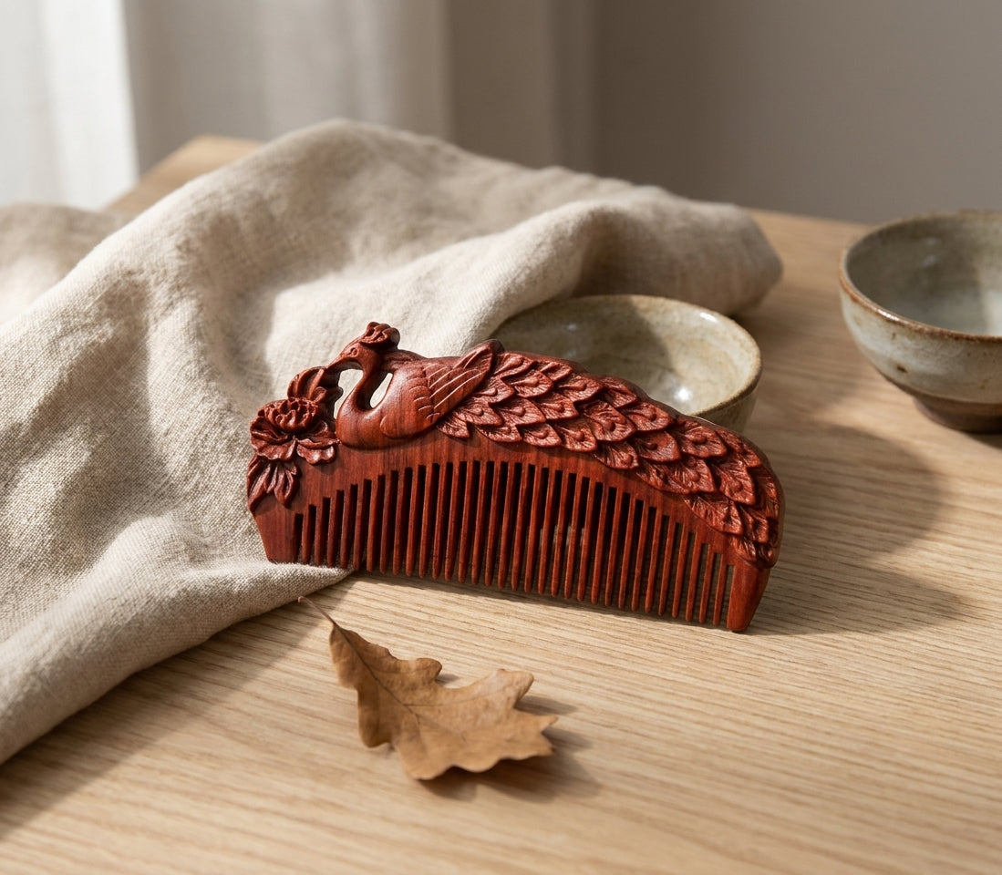 Mộc Peacock - Lược Gỗ Tử Đàn Khắc Công – Purple Sandalwood Peacock Comb